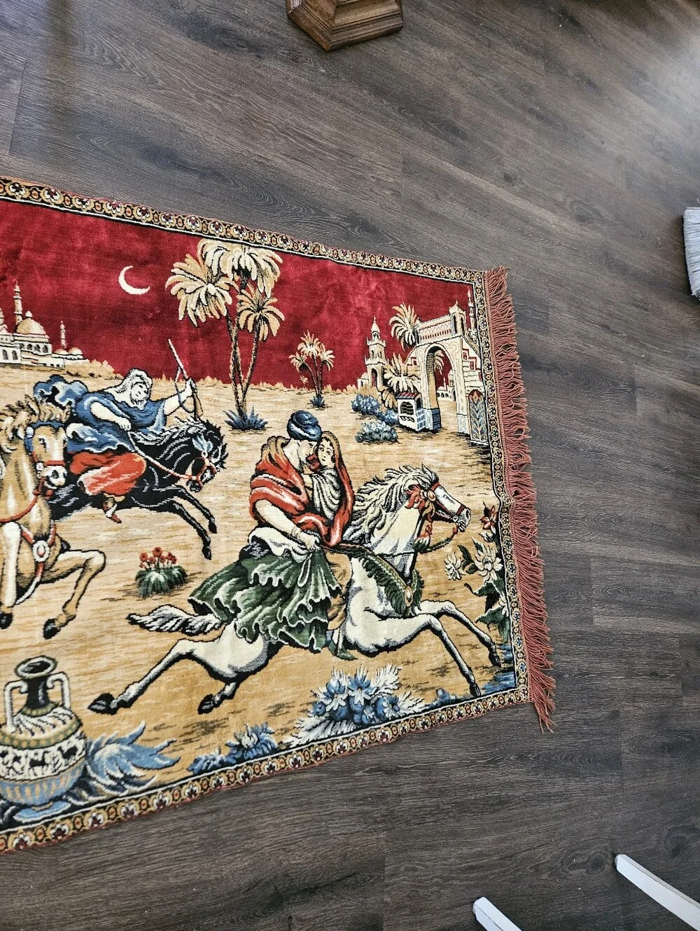 Oriental Horsemen Tapestry Wall Hanging - Red, Tan, Blue